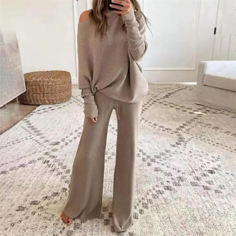 1 Set Elegant Women Pullover Top Pants Solid Color Drawstring Autumn Winter Slanted Neck Sweatshirt Sweatpants Two Piece Suit 231226
