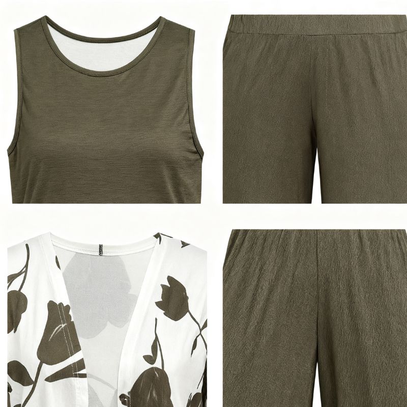 omen's Autumn Winter French - Style 3 - Piece Set: Floral Printed Cardigan + Tank Top + Wide - Leg Pants, Milk Silk Casual Commute Outfit-CF55025