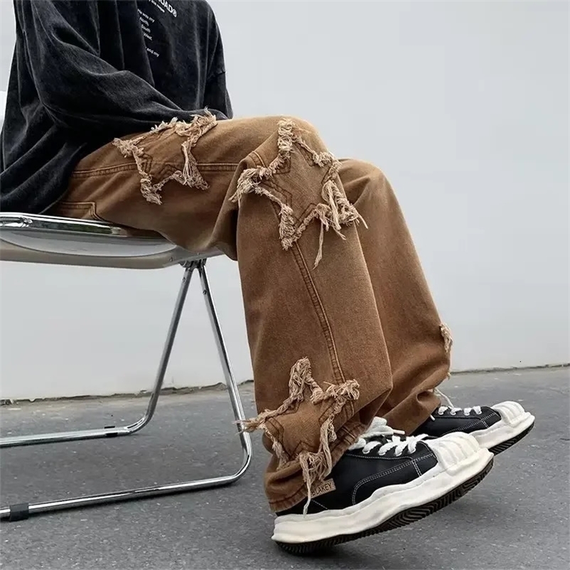 Fashion Stars Towel Embroidery Brown Men Jeans Pants Y2K Clothes Straight Hip Hop Cotton Trousers Pantalon Homme 240716
