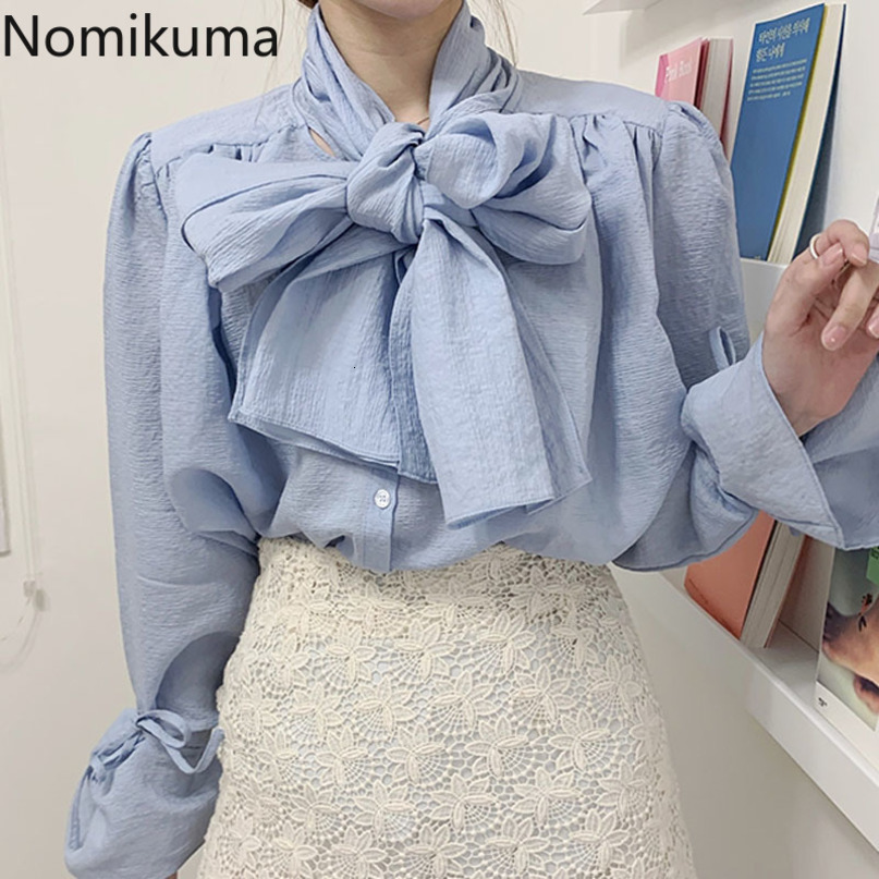 Nomikuma Womens Tops and Blouses Bow Tie Collar Flare Sleeve Shirt Spring New Causal Elegant Blusas Mujer De Moda 6E070 210427