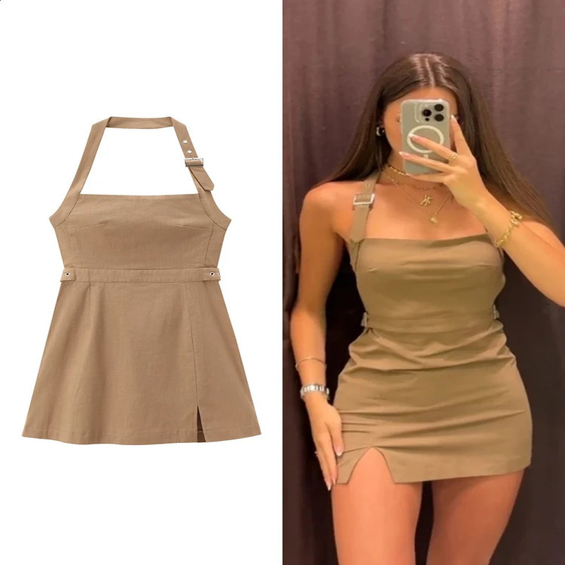 TRAF Womens Strap Collar Mini Dress Fashion Buckle Solid Color Short Skirt Sexy Backless Sleeveless Dress 250427