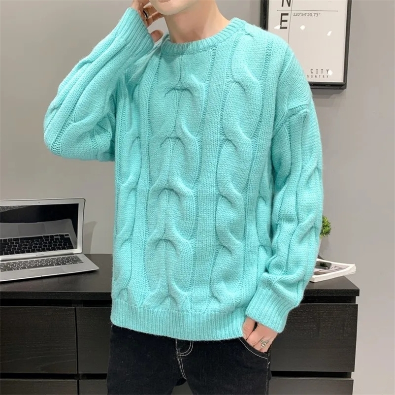 Men's Sweaters Fashion Men's Twist Knit Sweater Solid Color Loose Pullover Round Collar Comfortable Harajuku Long Sleeve Top Male Autumn Win