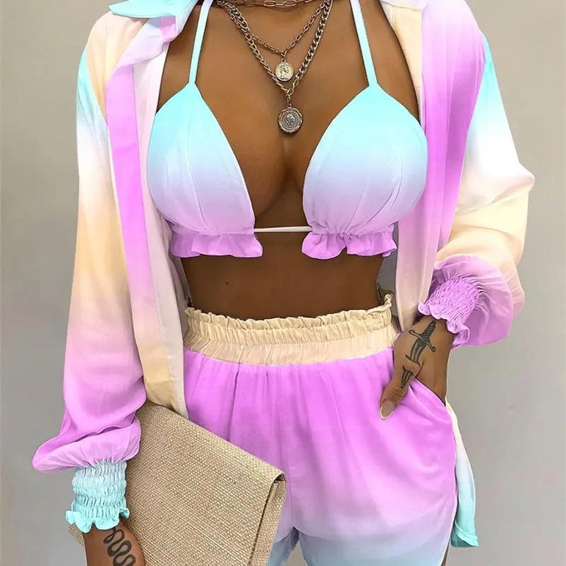 Women's Two Piece Pants Summer Women's Three-Piece Suit Fashion Beach Style Holiday Style Solid Color Printing Casual Sexy 3-Piece Suit Wome