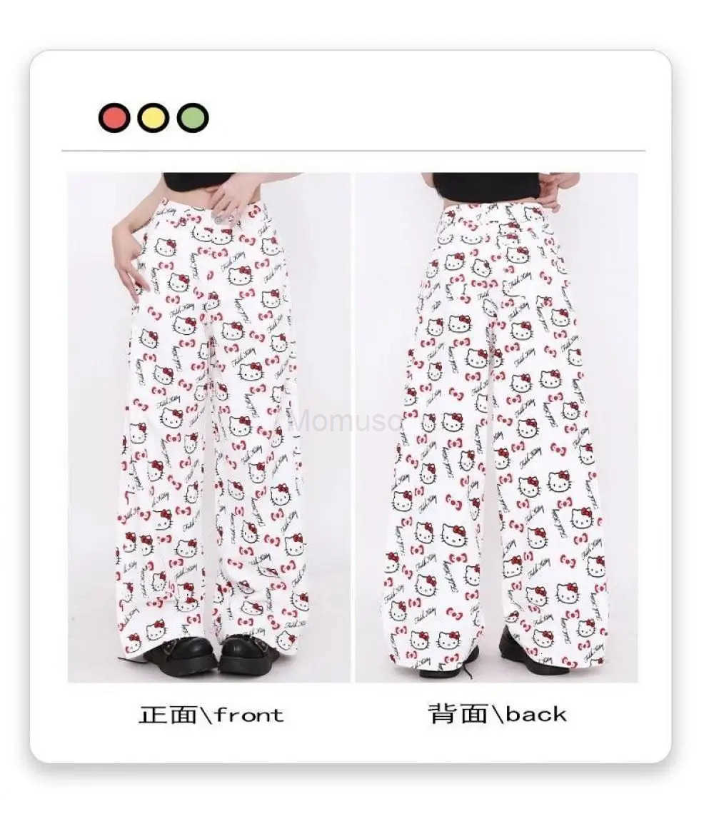 Sanrio Anime Jeans Y2K Hello Kitty Cartoon Comfort Loose Wide Leg Pants Cute American Retro Straight Leg Pants Sweet Girls Gift L250925