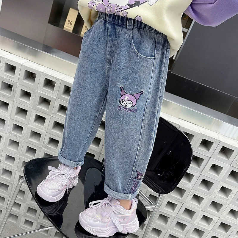 Sanrio New Jeans Korean Cartoon Kawaii Kuromi Childrens Embroidered Versatile Pants Cute Girls Spring and Autumn Pants L250925