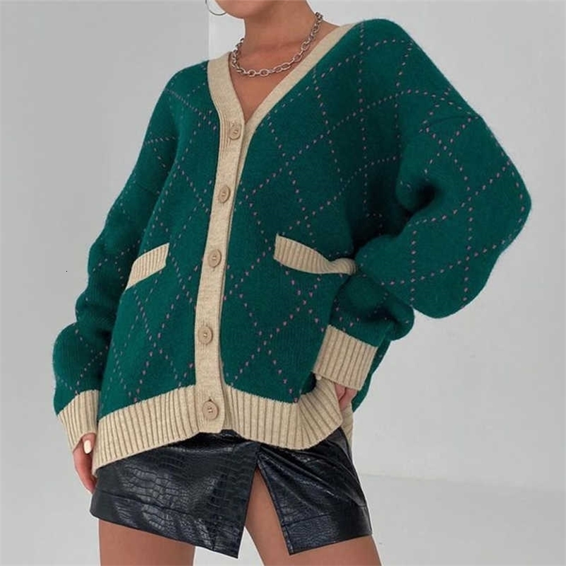 Oversized Argyle Knitted Cardigan Women Sweater Y2K Patchwork Plaid Loose V-Neck Sweaters Female Autumn Vintage Lady Top 211012