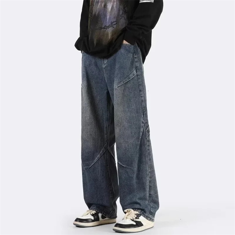 Hip Hop Fashion Drawstring Jeans Mens Streetwear Vintage Wide Leg Straight Denim Trousers Y2K Baggy Pantalones Hombre 240716