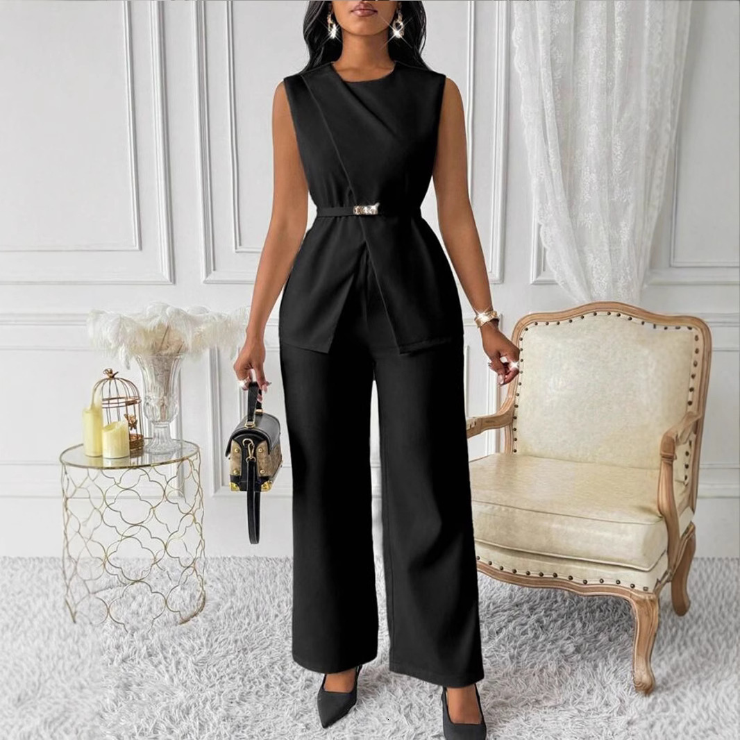 2025 Spring Summer New Women's Solid Color Sleeveless Belt Two-Piece Long Pants Casual Set
