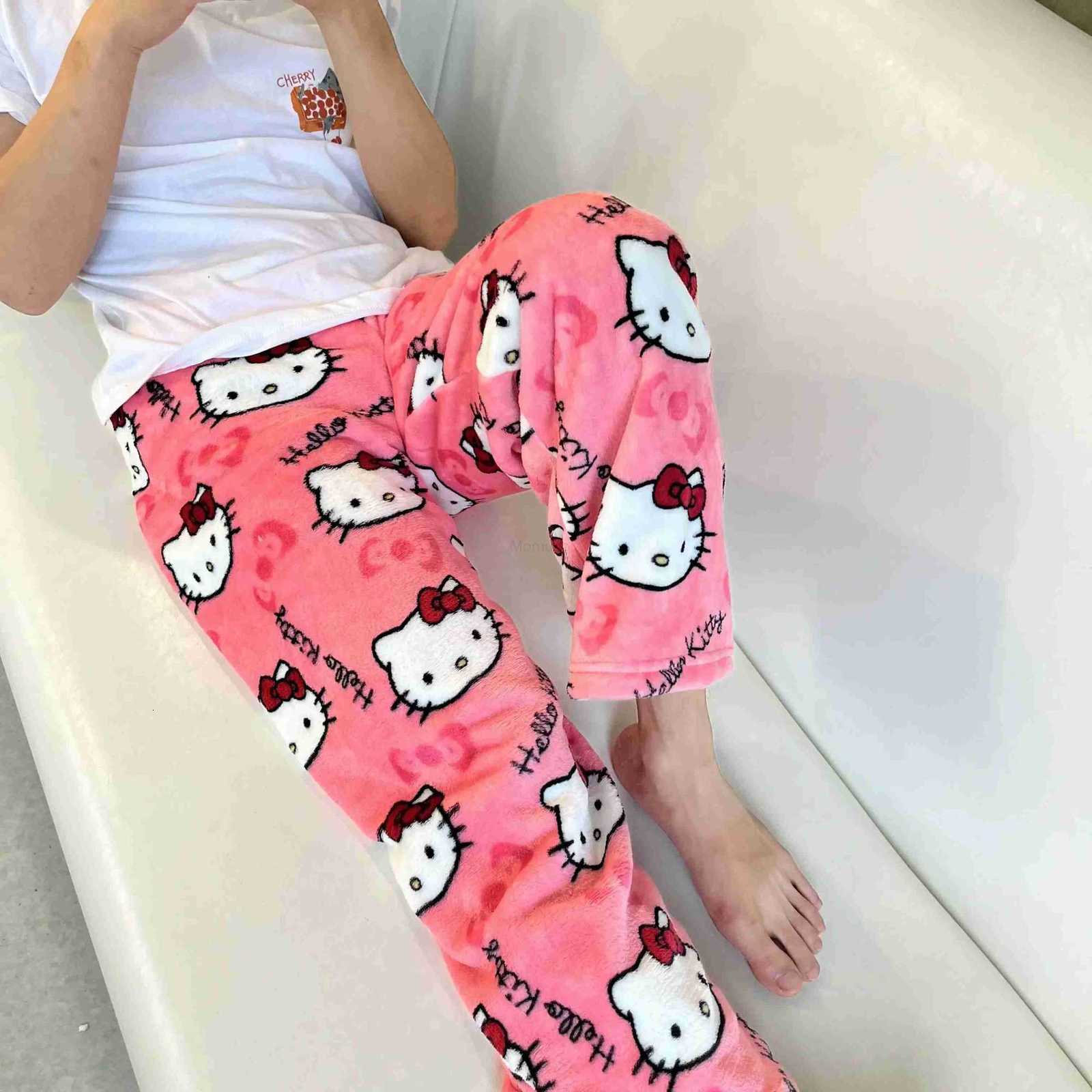 Sanrio 2024 Hello Kitty Pajamas Halloween Flannel Fashion Trouserswomen Kawaii Woolen Anime Cartoon Casual Home Pants Autumn L250925