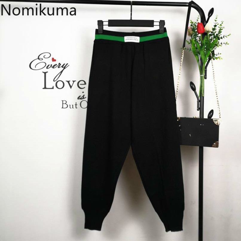 Nomikuma Women Sweater Pants Korean Contrast Color Stretch High Waist Ankle Trousers Causal Knitted Autumn Harem Pants 6D249 210427