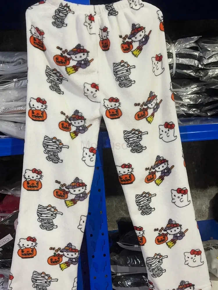Sanrio Hello Kitty Pajamas Halloween Flannel Pumpkin Fashion Trousers Women Cute Anime Cartoon Casual Autumn Christmas Home Pant L250925
