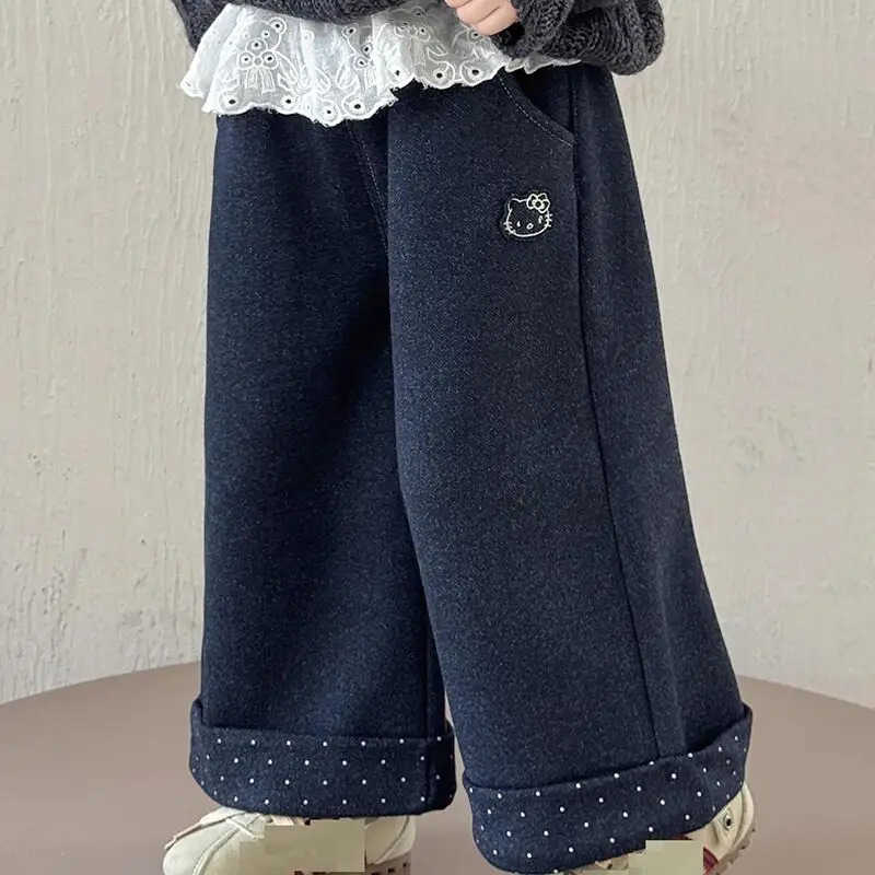 Sanrio Hello Kitty Jeans Girl Winter Thicken StraightLeg Pants Child Versatile Kawaii Anime Cartoon Fashion New Casual Clothing L250925