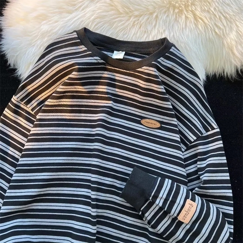 Fashion Korean striped long sleeved T hirt autumn American y2k street personality couple round neck simple loose sports hoodie 240117