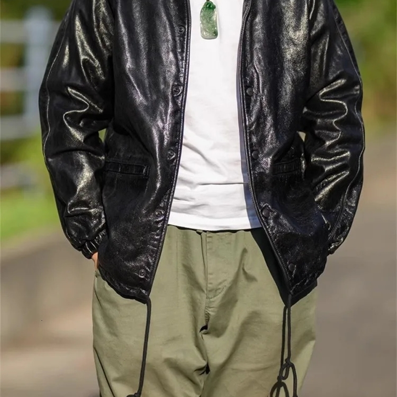 Vintage Mens Genuine Leather Jacket Single Breasted Straight Casual Outerwear Punk Motorcycle Coat Men Loose Fit Cowskin Jackets 240703