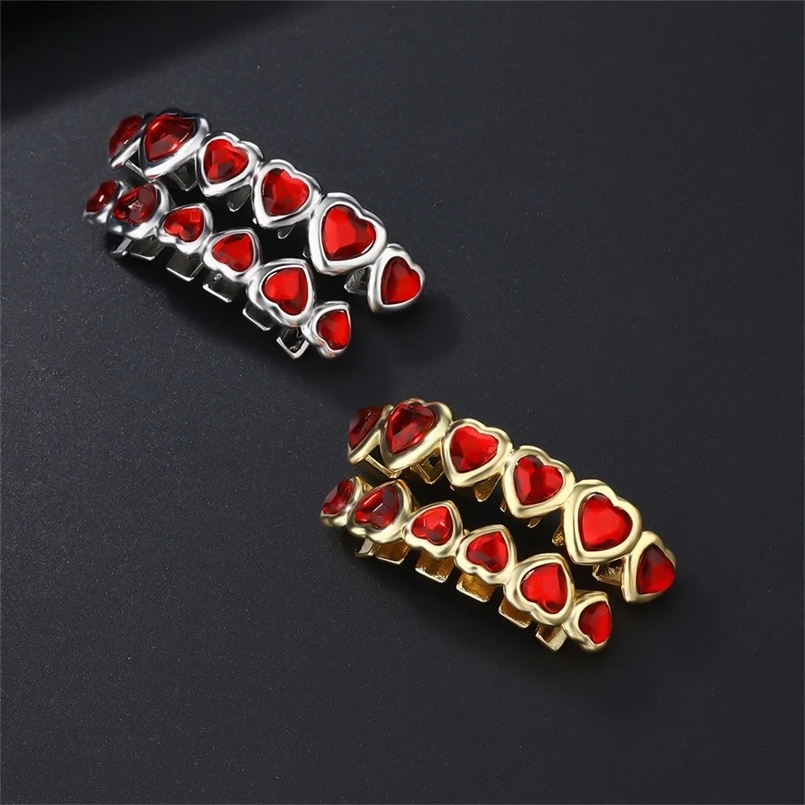 RACHELZ 6/6 Red Crystal Heart Tooth Caps For Women Men Jewelry Hip Hop Silver Color Green Zircon Teeth Dental Grills 250427