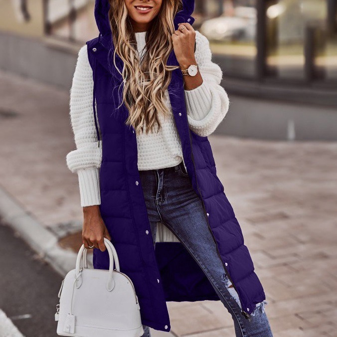 New Fashion Casual Cotton Jacket Solid Color Hooded Slim Vest Elegant Sleeveless Cardigan Mid-Length Coat for Women