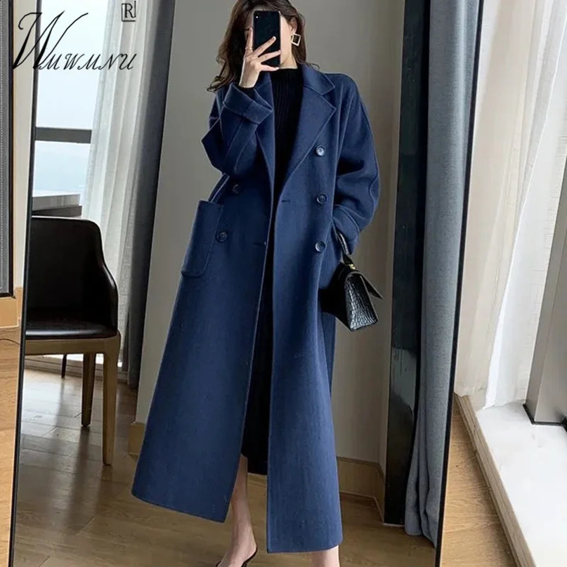 Elegant waist belt long wool blend jacket size 90kg Korean thick winter double breasted Chaquetas warm 240826