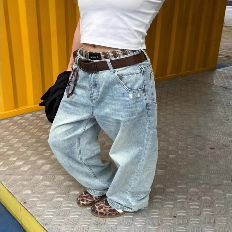 Womens washed retro light blue neutral denim Trouser summer cool pants retro bottom womens high waist wide leg jeans 250415