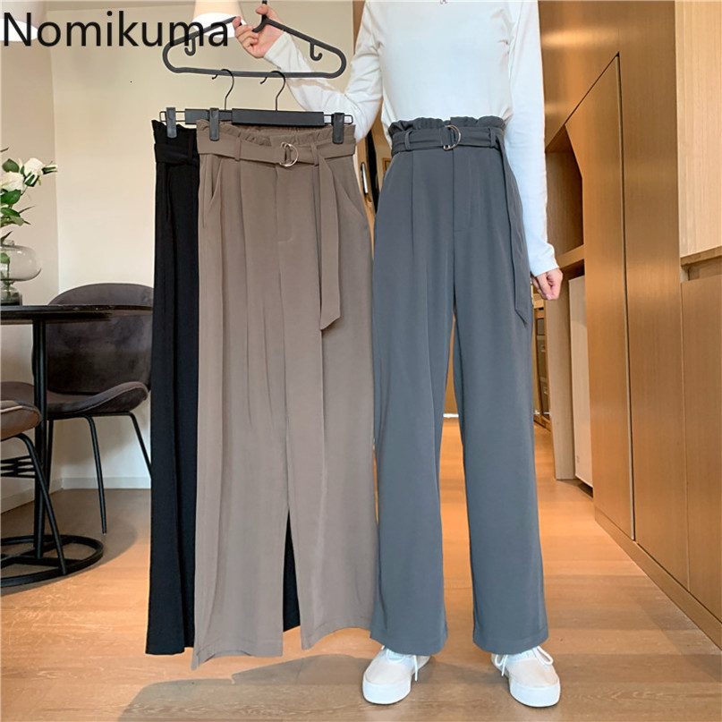 Nomikuma Autumn New Korean Suit Pants Belt High Waist Long Women Trousers Causal Solid Wide Leg Pants Feminimos 6C113 210427
