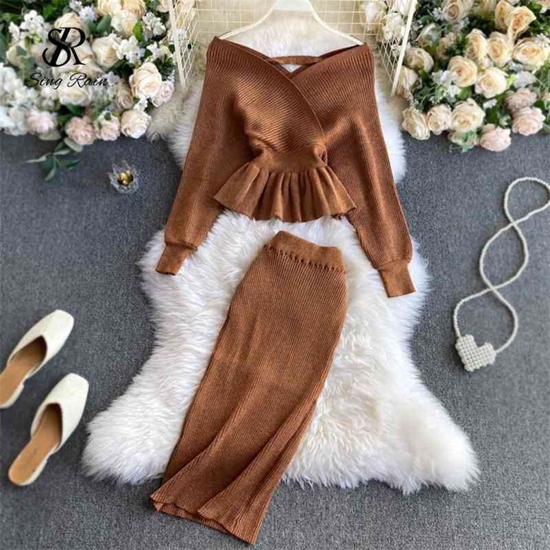 SINGRAIN Autumn Women Shiny Knitting Skirts Sets Lurex Ruffles Long Sleeves Wool Warm Sweater knitted Two Pieces Set Women 210708