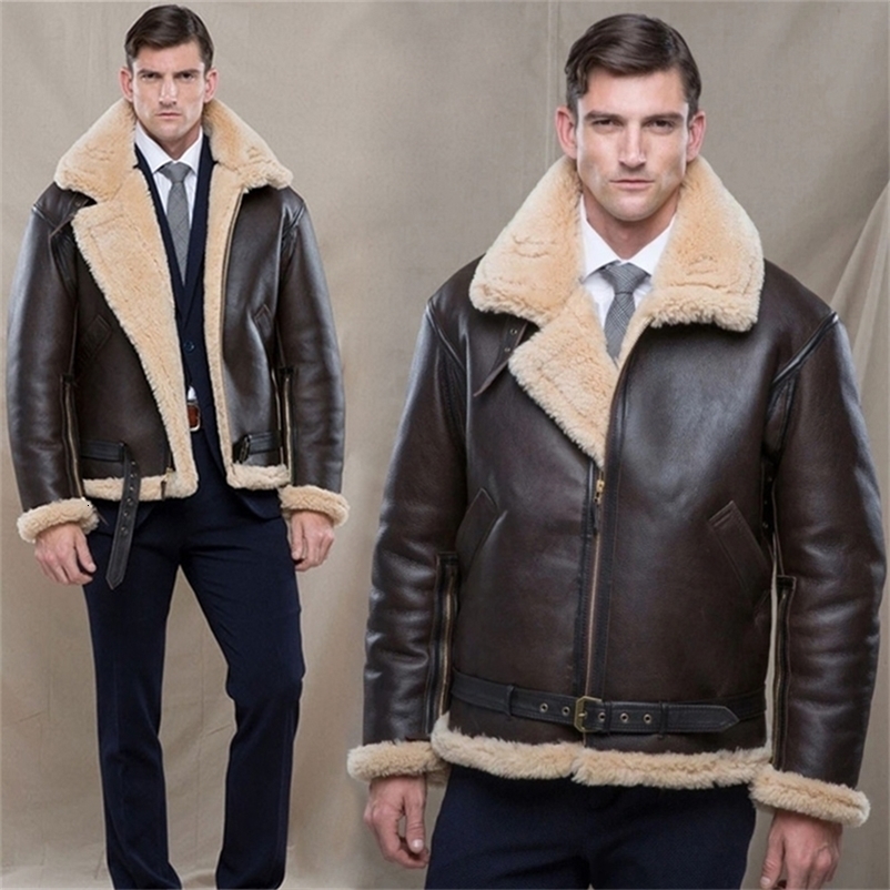 Men's Leather Faux Leather Winter Bomber Leather Jacket Men Sheep Shearling Lambskin Warm Jackets Parka Pilot Men's Natural Sheepskin Fur Co