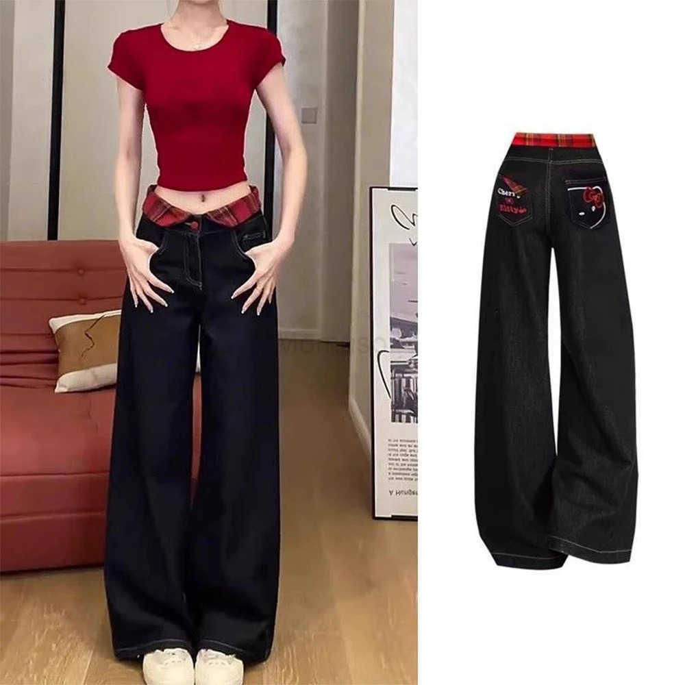Sanrio 2025 New Long Pants Sweet American Hot Girls Hello Kitty Cat Embroidered Jeans Cute Womens Black Straight High Waist Wide Legs L250925
