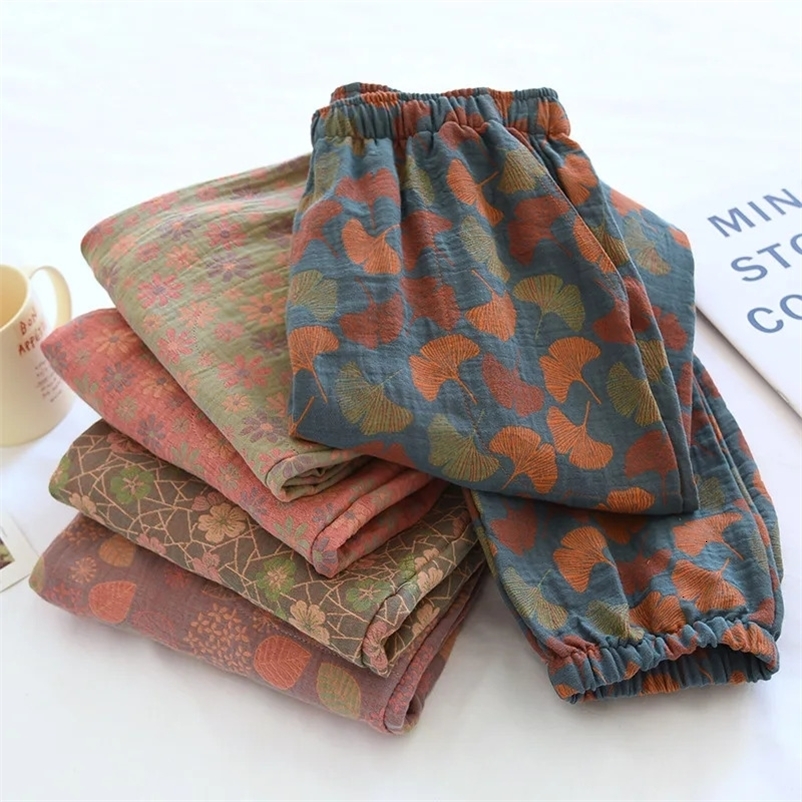 Women's Sleepwear Spring Summer Women's Pajamas 100% Cotton Crepe Pants Women's Comfortable Loose Large Leaf Home Pants Thin bottoms 23