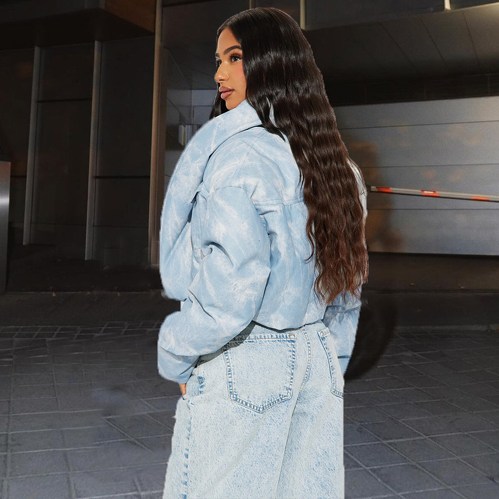 51381 Quilted Scarf Stand Collar Pocket Long Sleeve Gradient Color Block Short Cotton Coat for Women