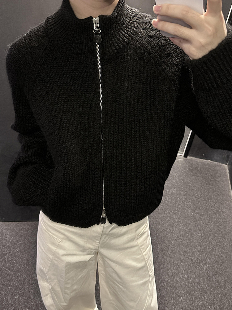 Men's Jackets Our Legacy Style Black Double Zipper Wool Knit Sweater Casual Short Wide Half High Collar Long Sleeve Cardigan Jacket