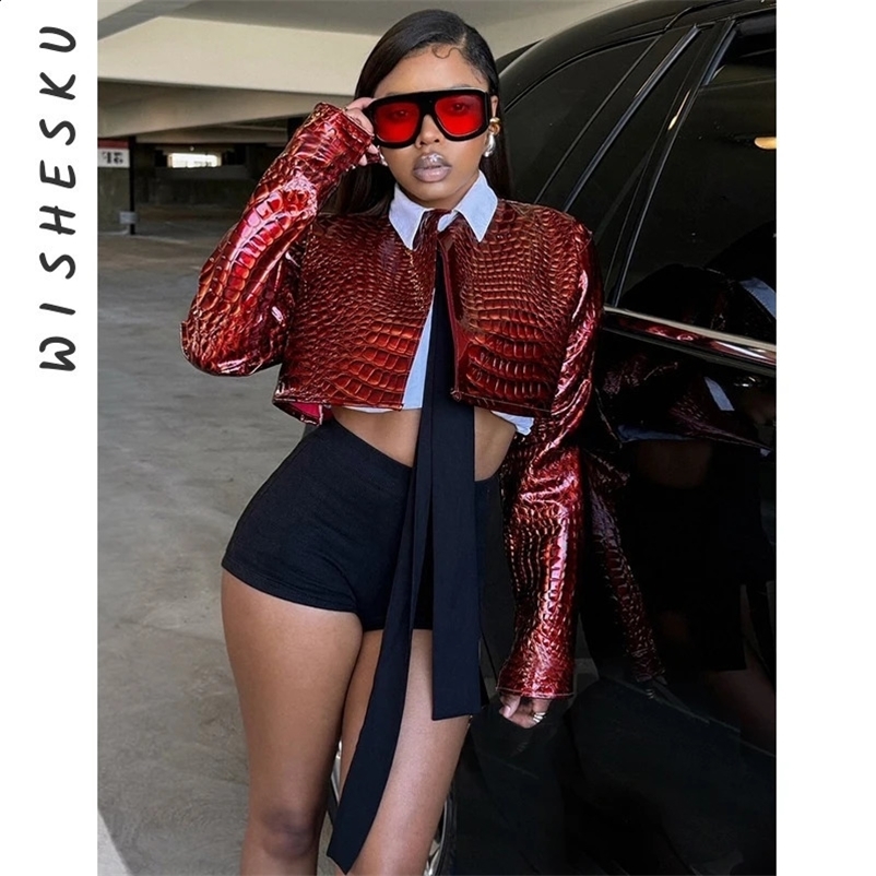 Womens O Neck Long Sleeve PU Faux Leather Cropped Jackets Punk Grunge Casual Coats Spring Fall Harajuku Y2K Clothes 250118