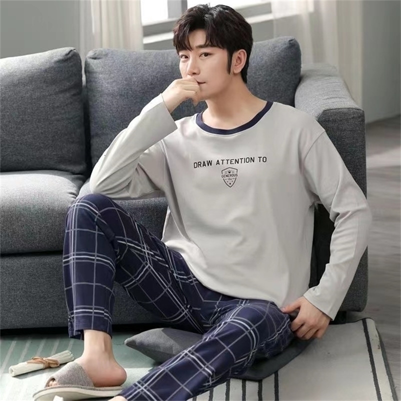 Men's Sleepwear SUO CHAO Pajamas Sets For Men's Long Sleeve Round Neck Tops And Pants Print Pyjamas Nightgown Sleepwear Homewear 230317
