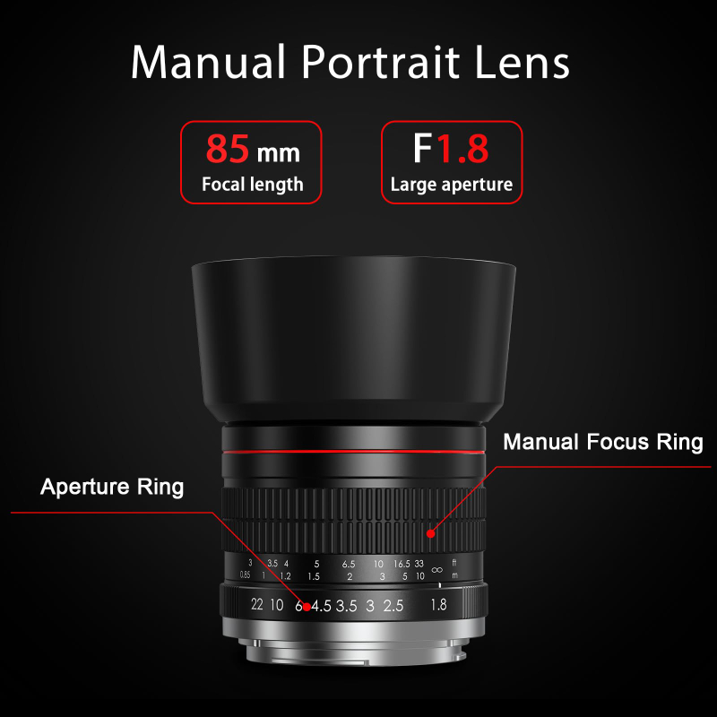 85mm F1.8 Manual Focus Portrait Lens Compatible with Full Frame & APS-C Cameras for Canon EOS Rebel EF/EF-S RF Mount Sony Alpha NEX E mount FE Nikon F