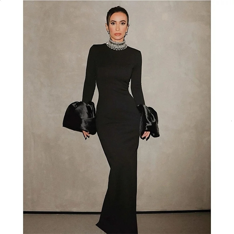 Stock Shining Diamonds Neck Flare Sleeve Black Long Belt Dress Elegant Womens Evening Dress Cocktail Party Set 241231