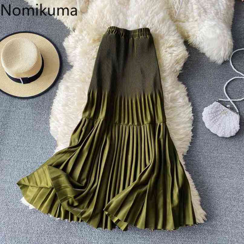 Nomikuma Spring Autumn Korean Women Skirt Causal High Waist Pleated Patchwork Skirts New Fashion Bottom Mujer Faldas 6D760 210427