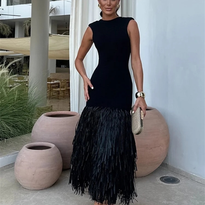 Fashion Tassels Patchwork Women Knit Midi Dress Elegant O-neck Sleveless Backless Zipper Bodycon Dresses Lady High Street Robes 240703
