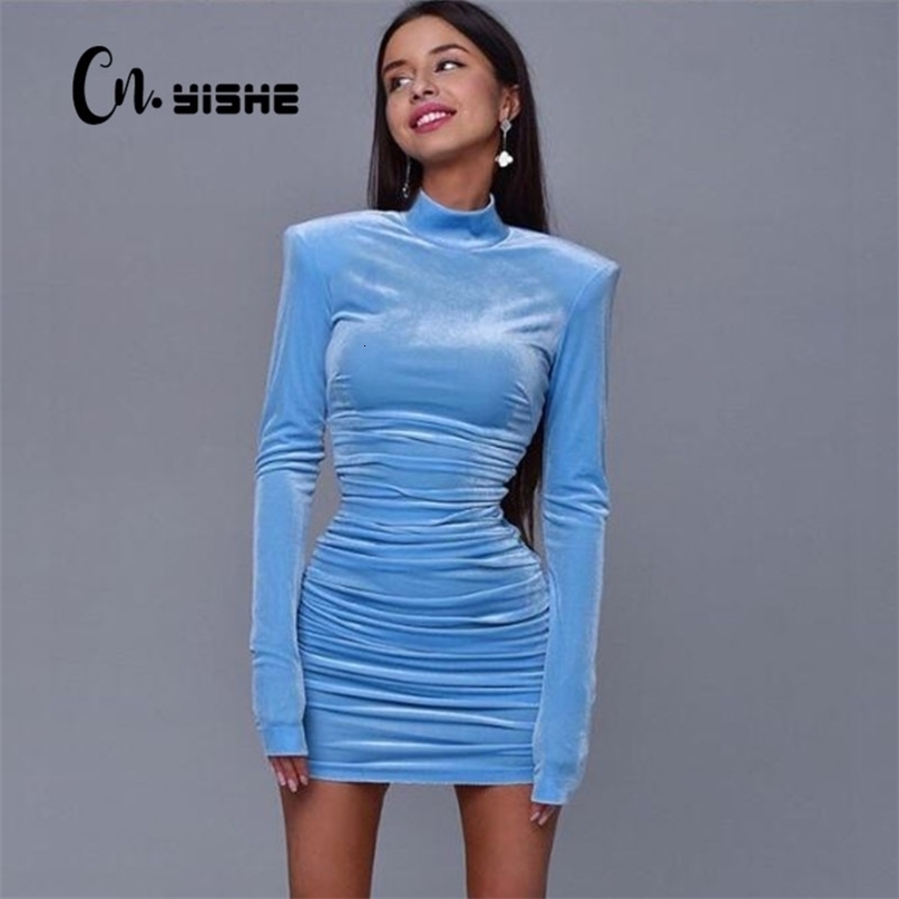 CNYIHSE Sexy Bodycon Velvet Mini Dres Autumn Long Sleeve High Neck Party Dresses Female Velvet Sheath Dress Robes Vestido 211221