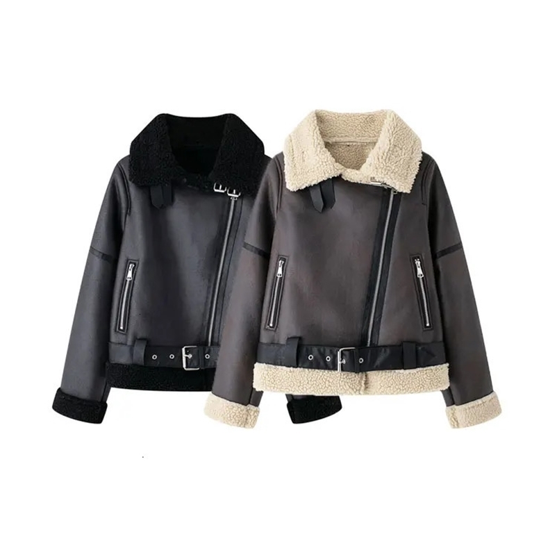 TRAF Womens Thick Warm Suede Jacket with Belt Long Sleeve Coat Artificial Cut Womens Wear Fashion Top Winter Fashion 241023