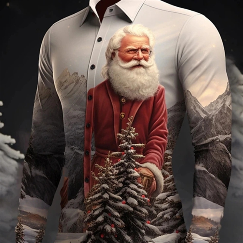 Daily Wear Going Out Fall Winter Turndown Long Sleeve Elastic Fabric Comfortable Shirt Santa Claus Pattern Casual Mens Shirt 241007