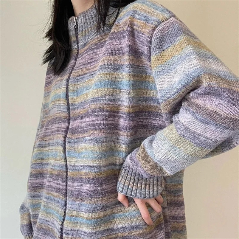 Lazy Style Rainbow Stripe Retro Zipper Cardigan Womens Sweater Jacket Autumn Winter Loose Fashion Knitted Top for Women 250118