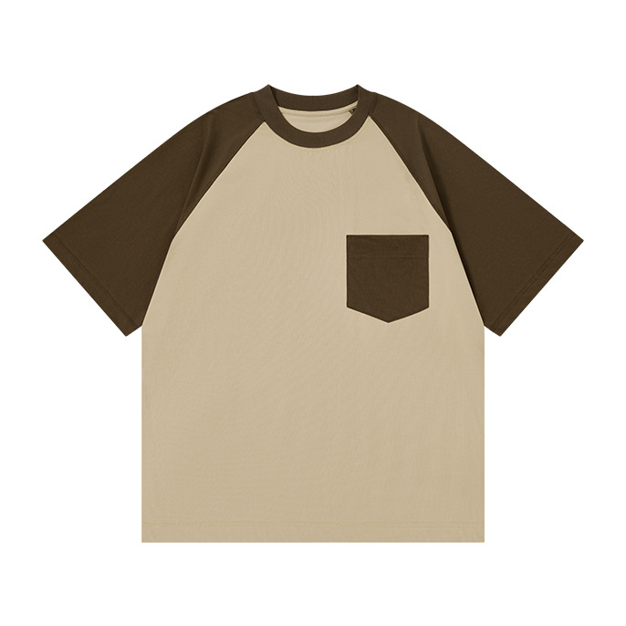 Summer New Japanese-Style 230g Ice-Feel Cotton T-Shirt - Men's Short-Sleeve with Pocket, Color-Block Raglan Sleeve, Unisex Undershirt -78Z