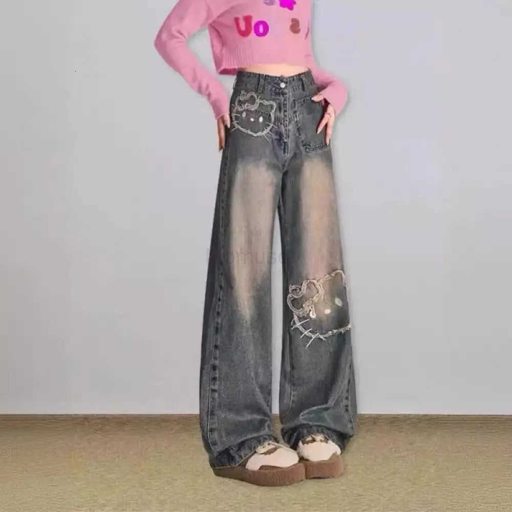 Sanrio Cartoon Women Jeans Hello Kitty Trousers Sanrioed Anime Cute Autumn Student High Waisted Embroidery Kawaii Girls Wide Leg Pant L250925
