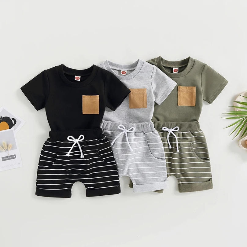 -03-01 Lioraitiin 0-4Years Baby Kids Boys 2Pcs Summer Set Short Sleeve Crew Neck T-shirt with Striped Shorts Outfit 250613