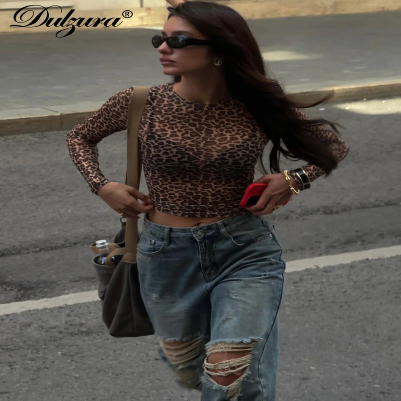 Dulgura sexy long sleeved top mesh Tshirt leopard print tight fitting womens party club casual nightclub Y2K 240812