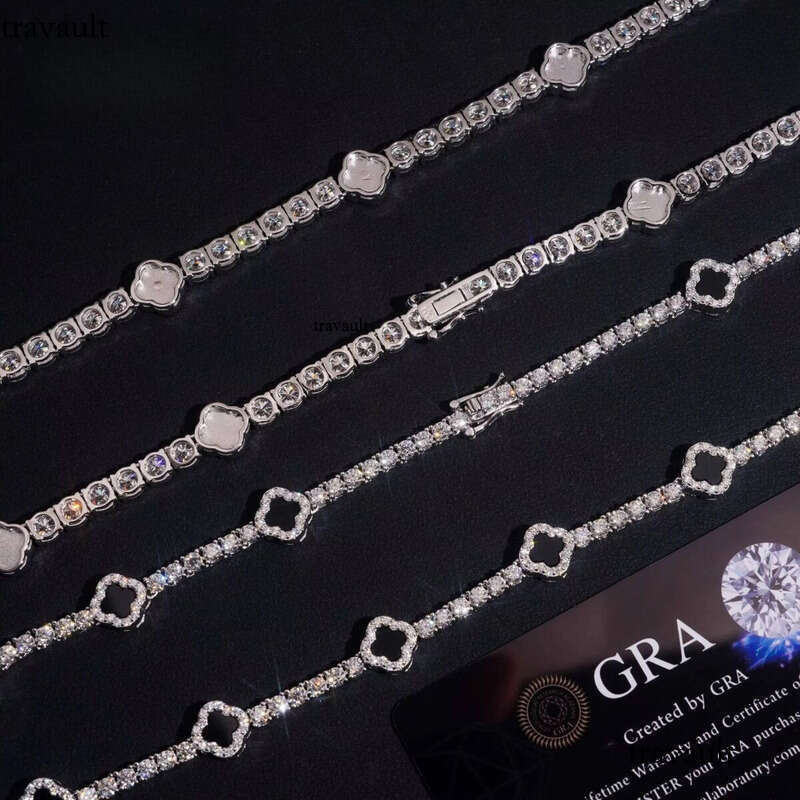 Ready Stocks 3mm 5mm Black Agate Clover Necklace Bracelet Tennis Chain Moissanite Solid Sier
