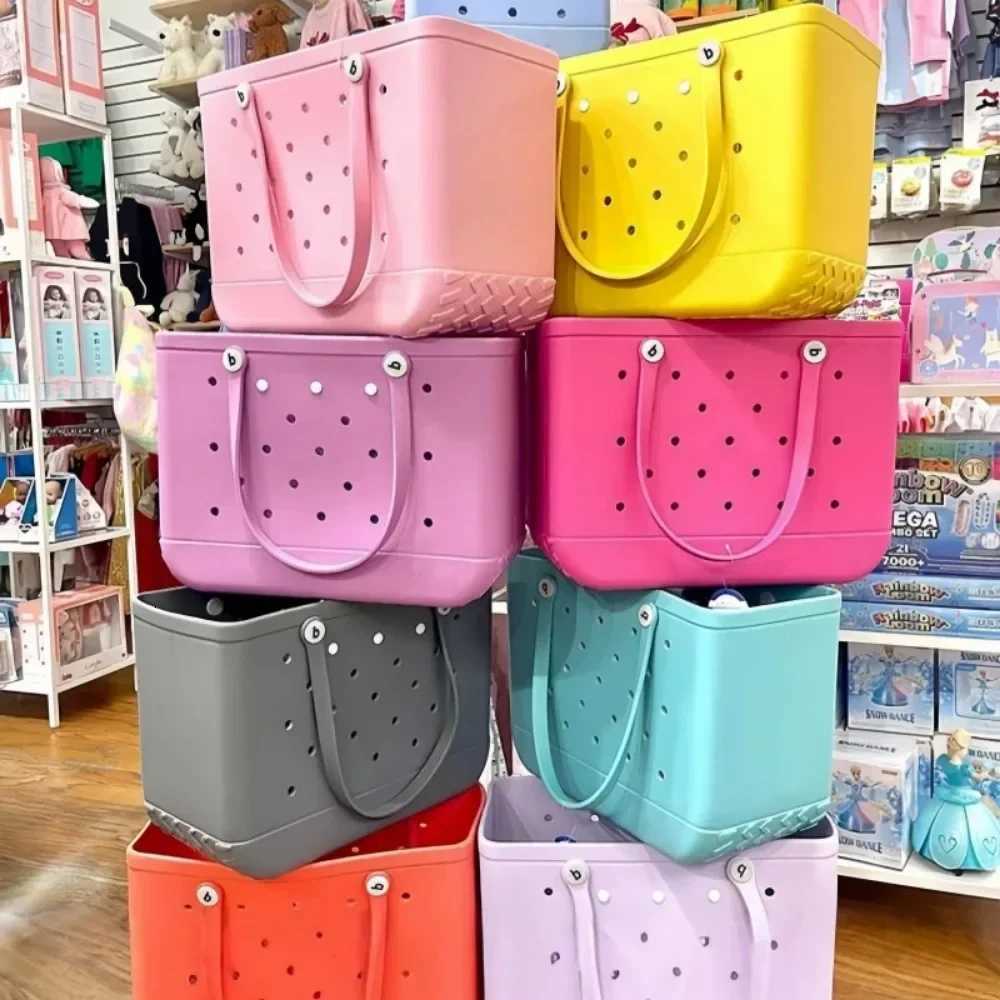 SM Fashion Beach Bags Big Shopping Bag EVA Rubber Waterproof Storage Baskets Travel Handbag Women Shoulder Solid Color Y250925a f