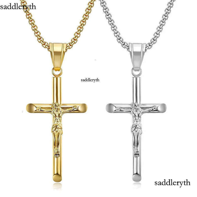 Hip Hop Stainless Steel Jesus Cross Pendant Necklace High Polished Gold Plated Religious Jewelry