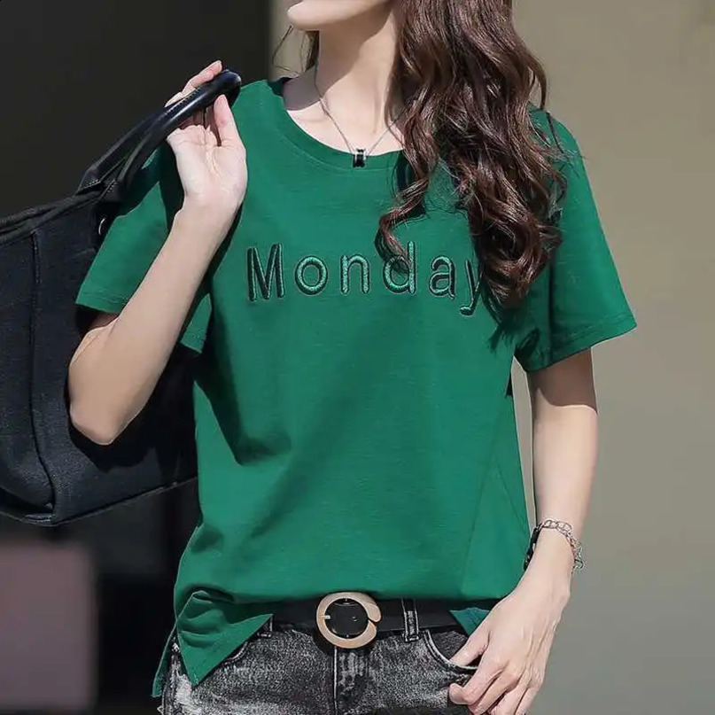 Cotton letter embroidered split Tshirt suitable for womens summer short sleeved loose plus size weight loss casual top 240814