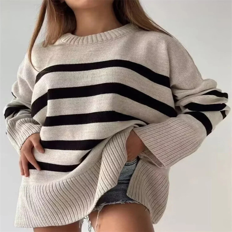 Khaki striped knitted sweater for women long sleeved knitted floral top autumn white loose sweater 241113