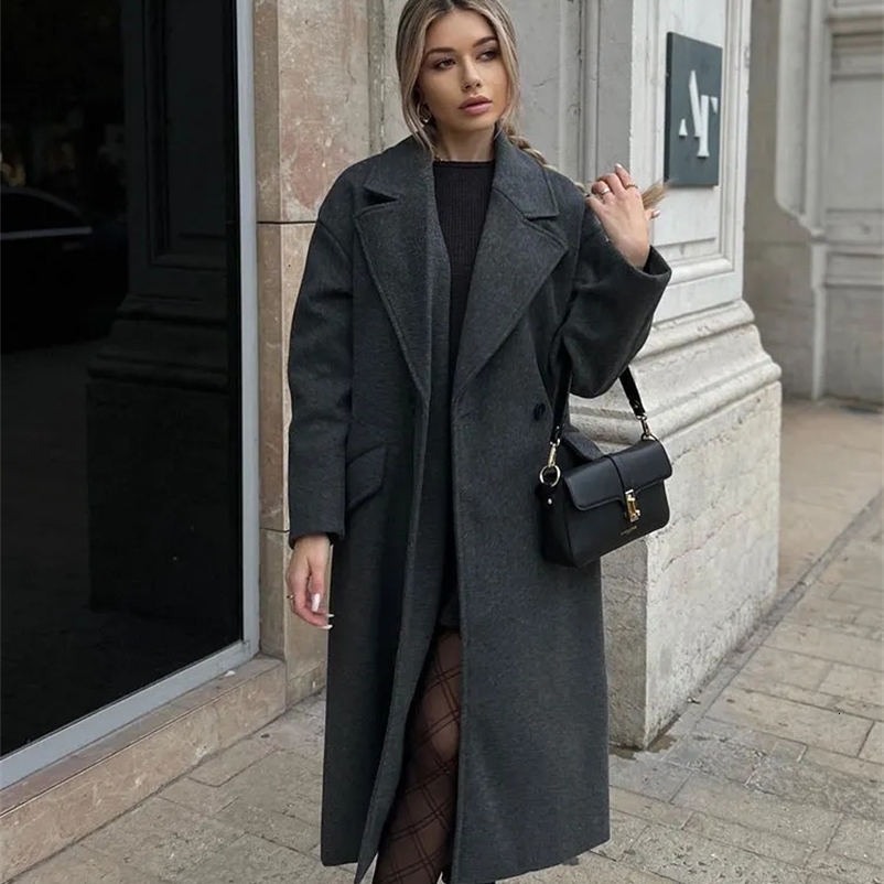 Women's Wool Blends TRAFZA Women Lapel Straight Overcoat Casual Double-Breasted Office Ladies Long Coat Autumn Winter Solid Streetwear Coats 2310