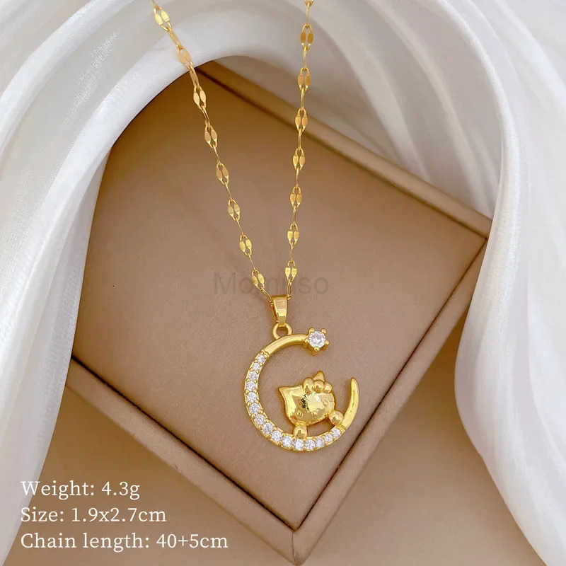 Sanrio Gold Color Hello Kitty with Moon Zircon Pendant Necklaces for Women Girls Stainless Steel Chain Accessories Jewelry Gifts L250925